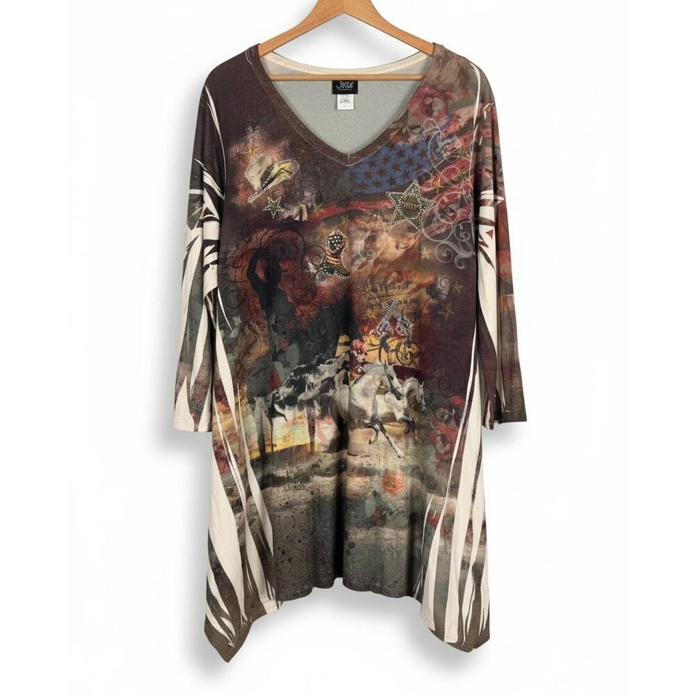 Jostar USA Women's L Western Cowboy Grunge Y2K Graphic Print Sharkbite Hem Tunic